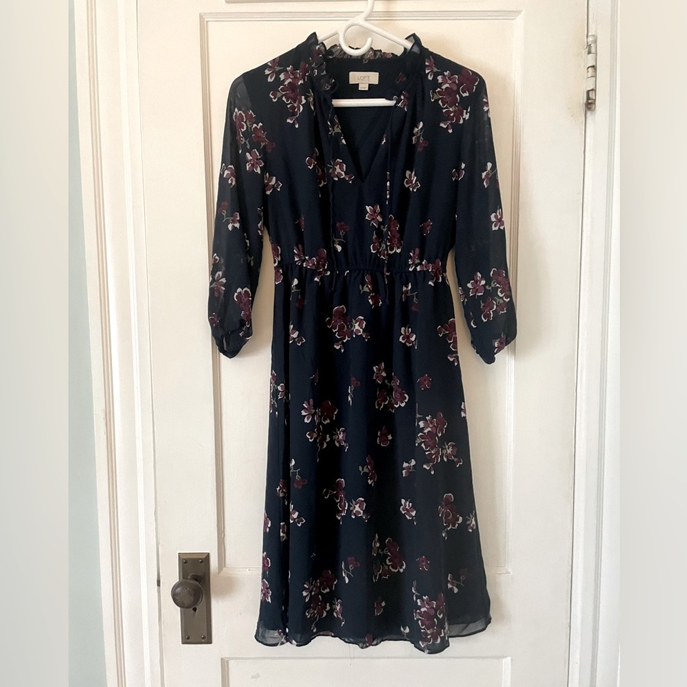 LOFT Navy Floral Long Sleeve Dress